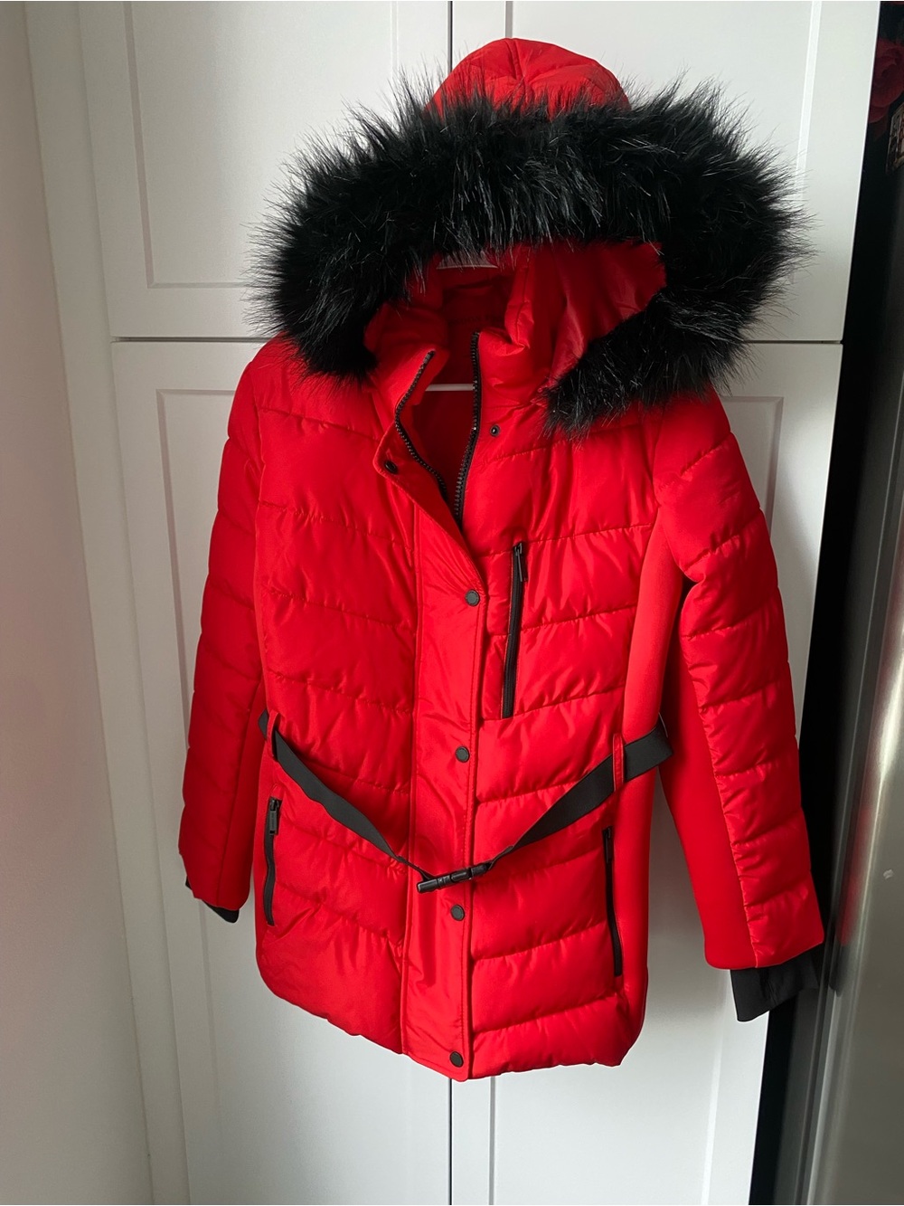 London Fog womens XL red puffer jacket belted with faux fur hood snow winter